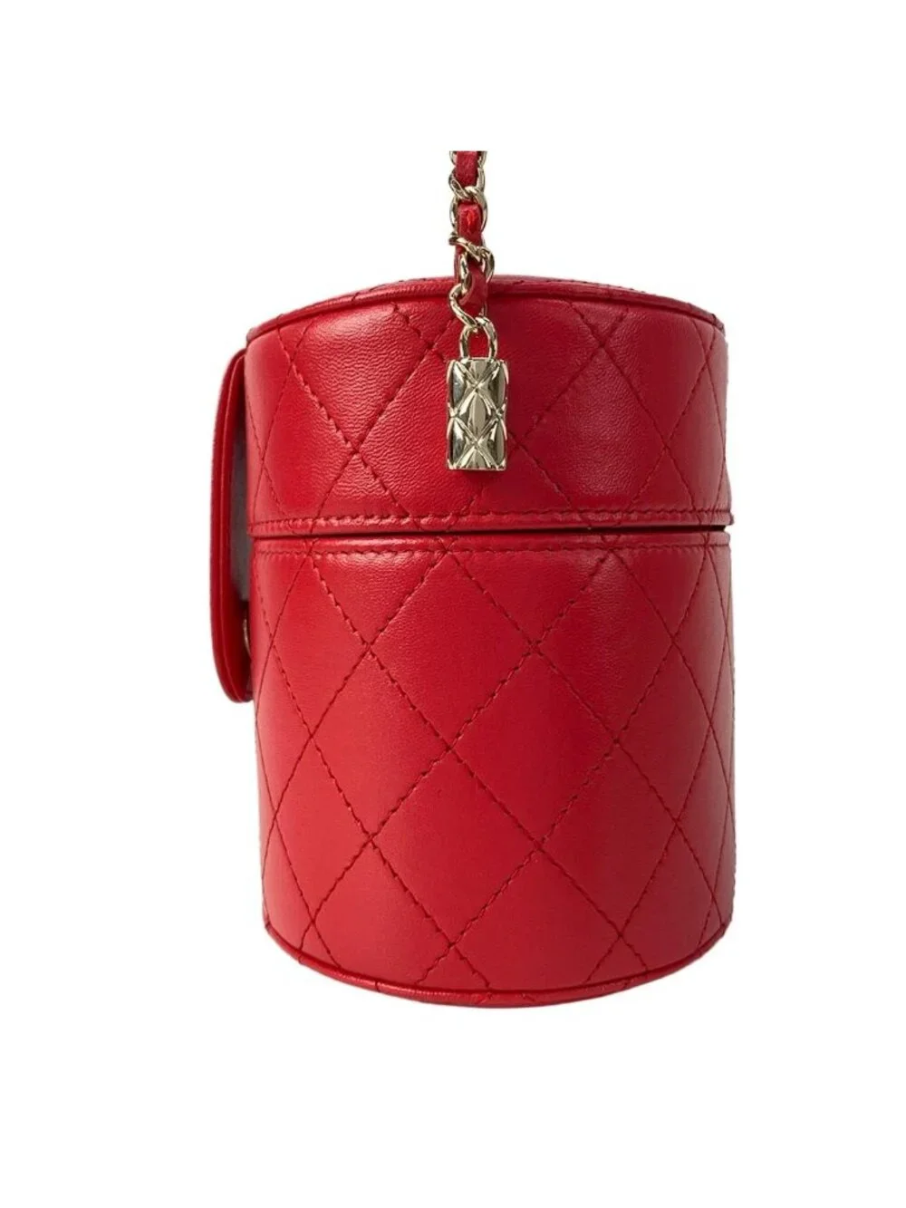 Chanel Vanity Bag Quilted Red Box Bag Chain Shoulder Gold with Mirror Mini